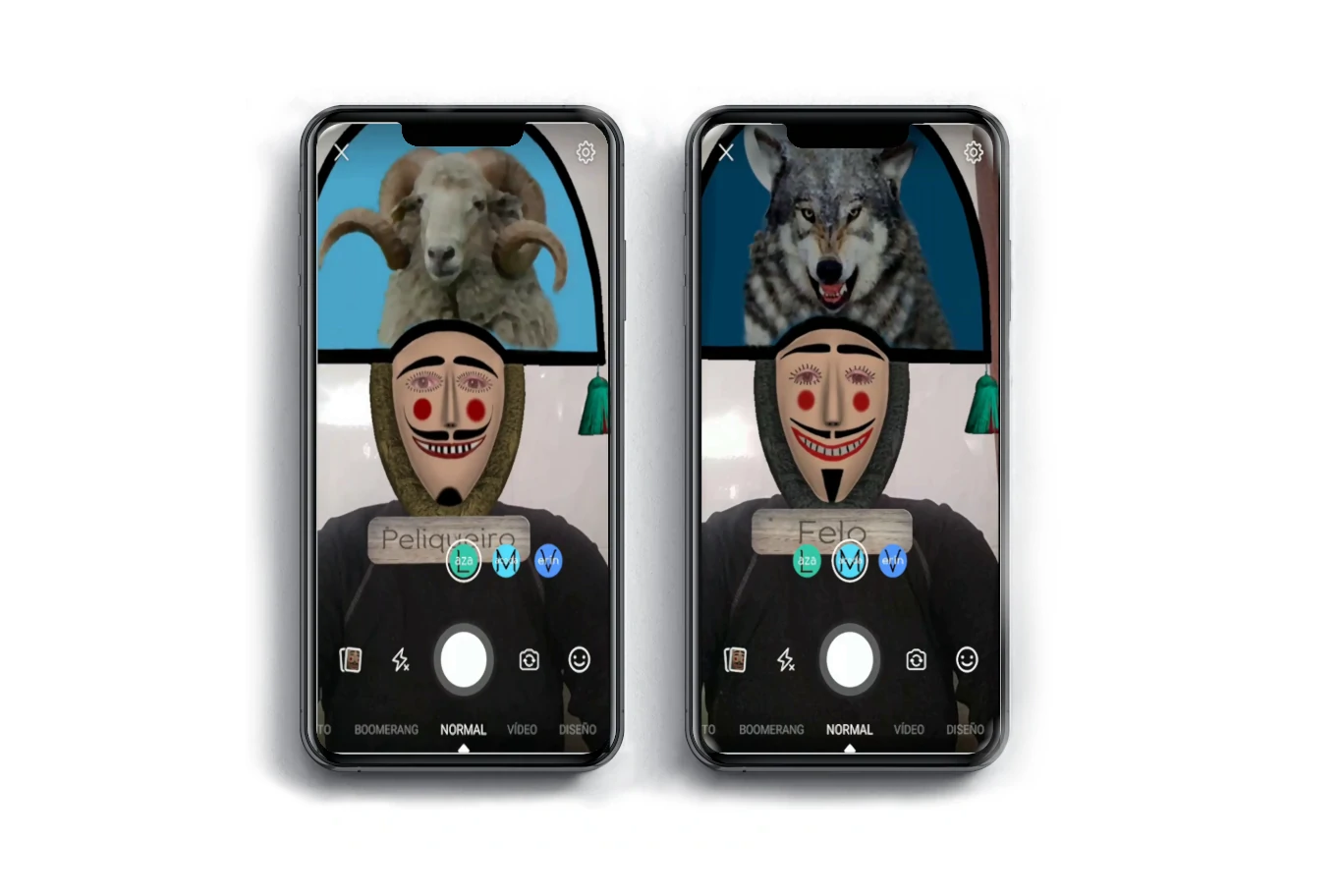 2 pantallas de móviles con el filtro AR de máscara de Antroido